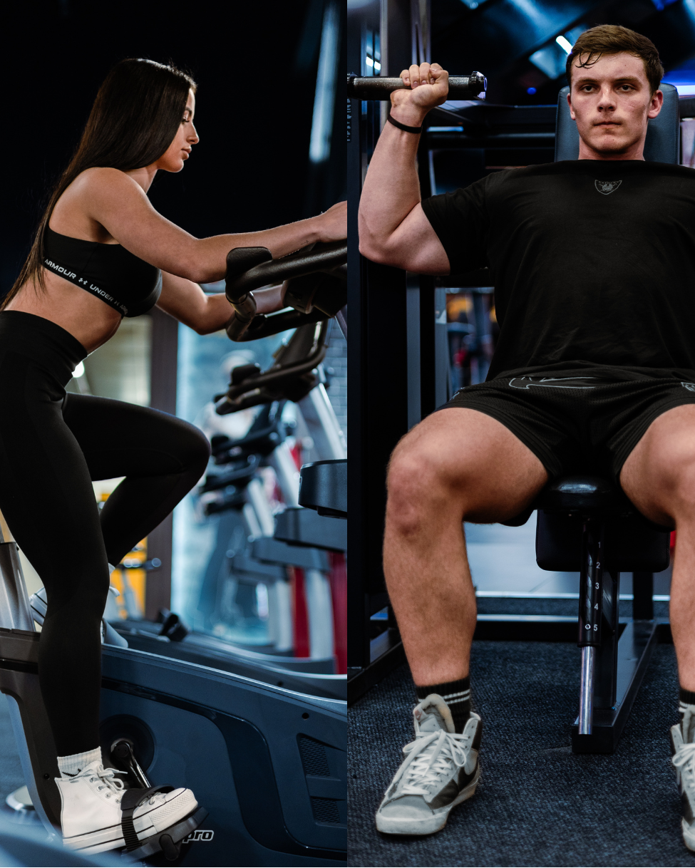 Two people exercising in a gym setting.